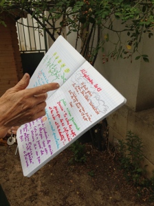 Anne montre un cahier dans lequel elle consigne les activités du jardin (le temps, les travaux, les remarques des enfants,...)